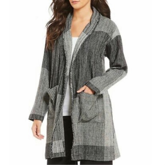 Eileen Fisher Hazy Blocks Shawl Collar Long Jacket - Picture 4 of 15